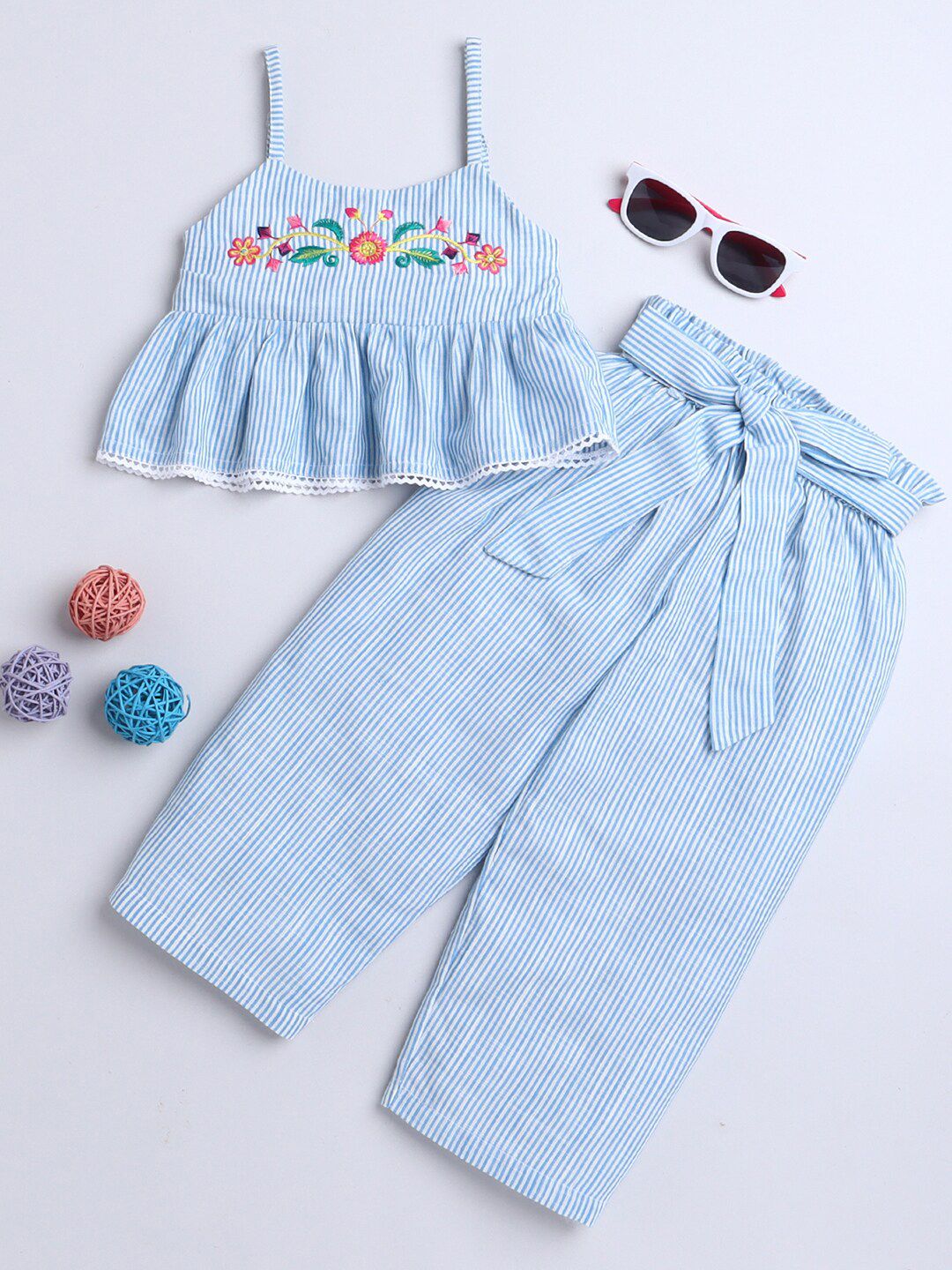 Knitting Doodles Girls White & Blue Striped Top with Pyjamas