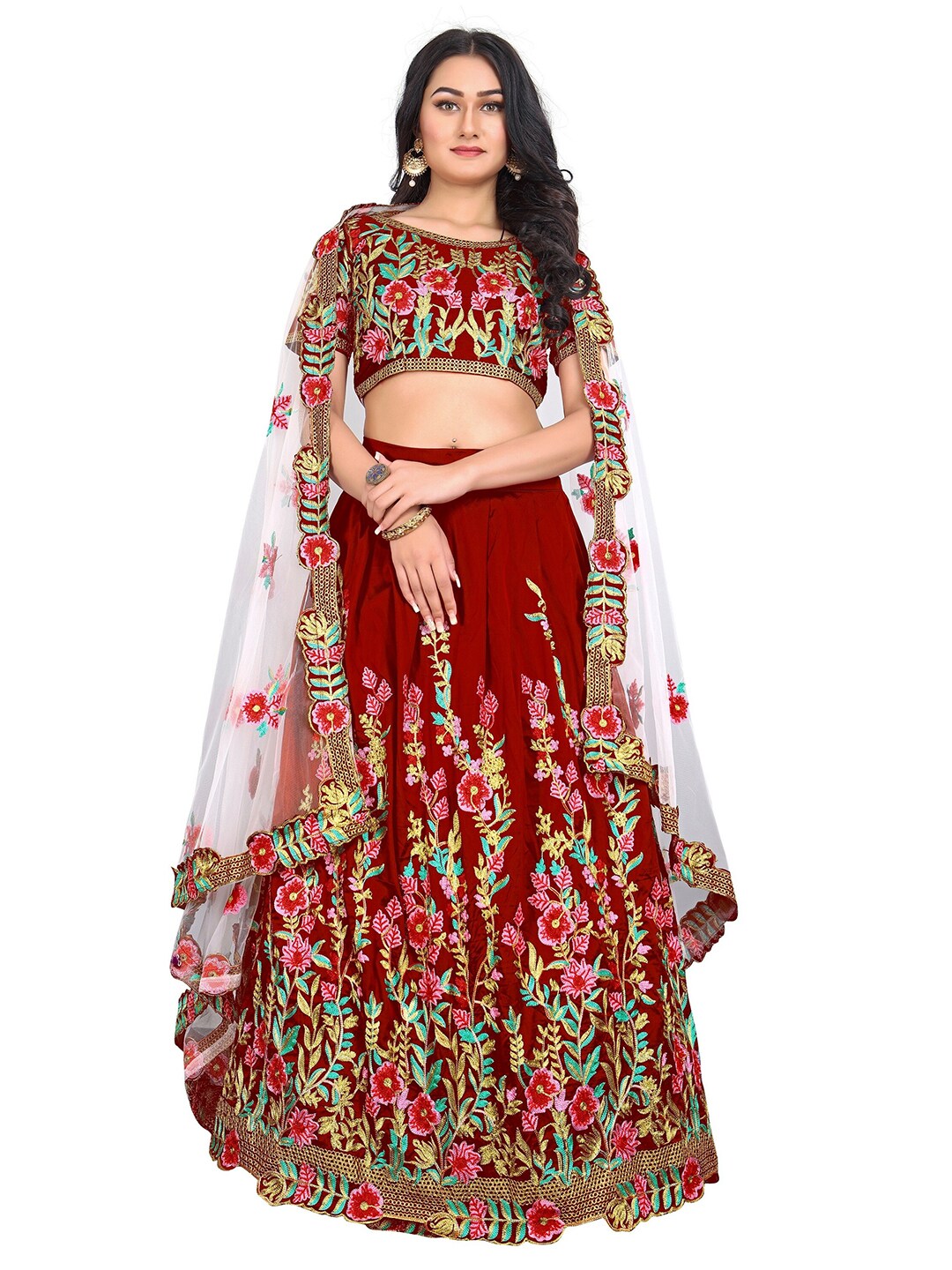 JSItaliya Maroon & Green Embroidered Thread Work Semi-Stitched Lehenga & Unstitched Blouse With Dupatta Price in India