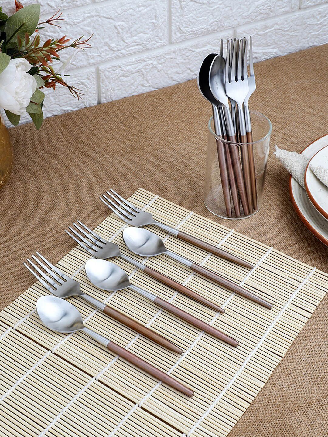 VarEesha Set of 12 Silver-Toned & Brown Handled Matt Finish Stainless Steel Cutlery Price in India