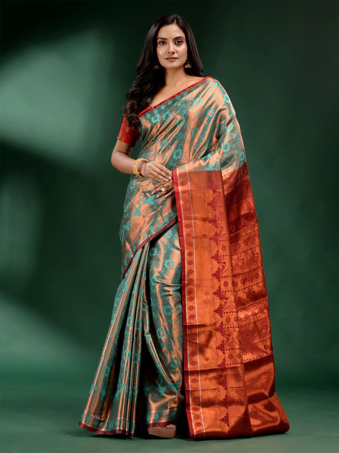 Charukriti Green & Maroon Woven Design Zari Pure Silk Saree Price in India