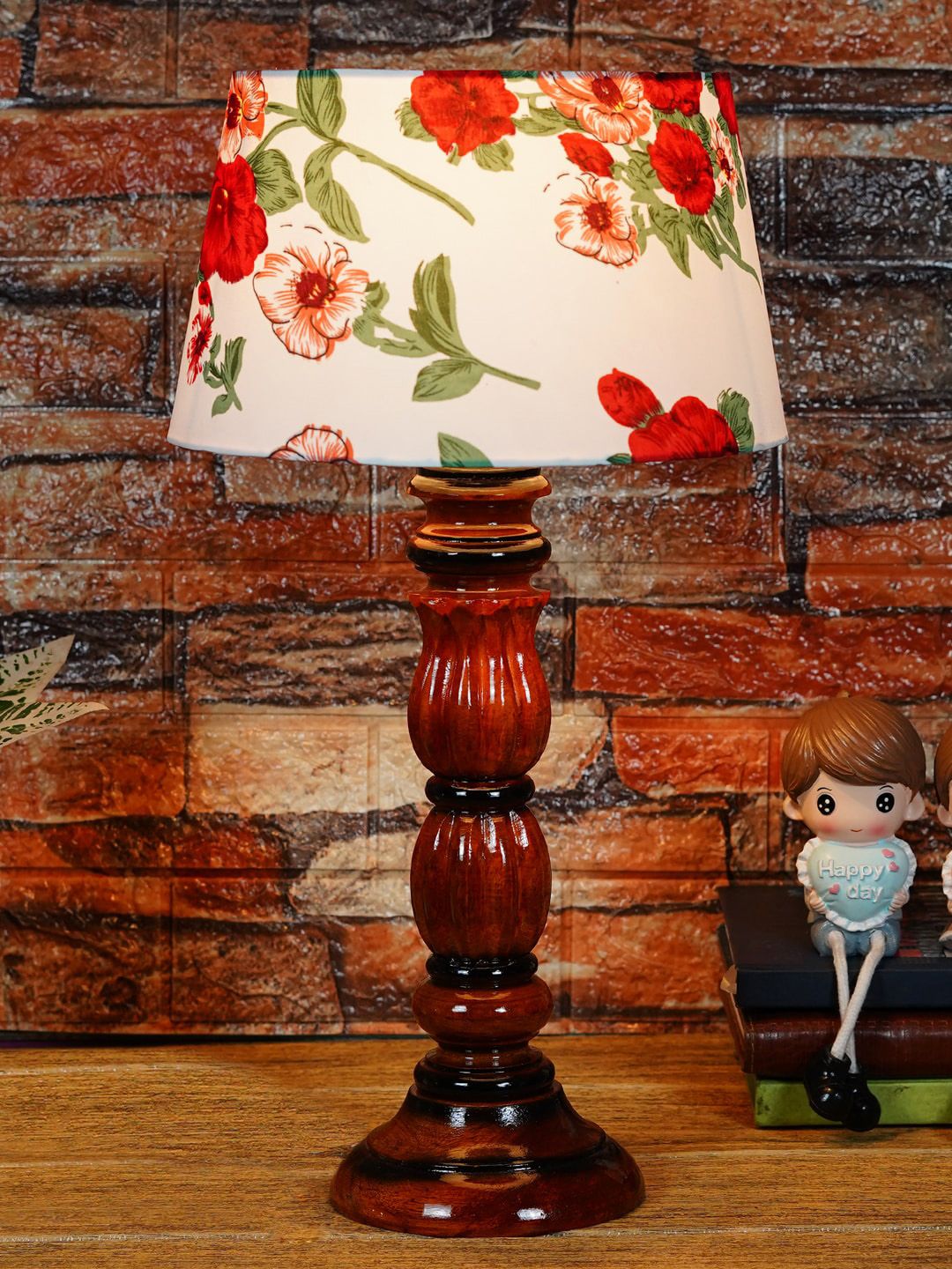 Foziq Brown Floral Printed Wooden Table Lamps Price in India