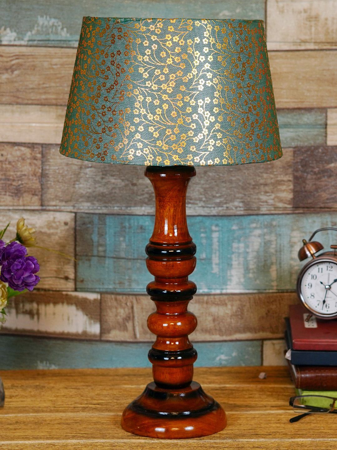 Foziq Gold-Coloured & Brown Printed Wooden Table Lamp Price in India