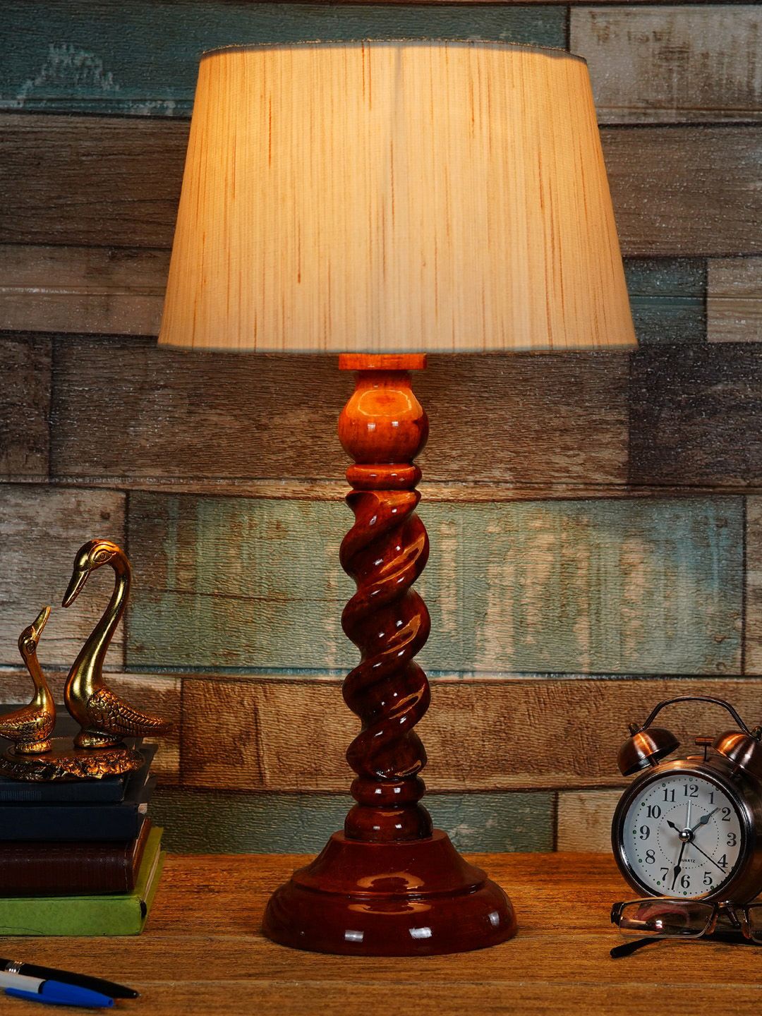 Foziq Brown Textured Frustum Shaped Table Lamp Price in India