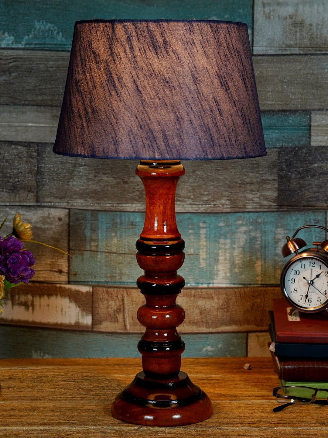 Foziq Brown Textured Wooden Table Lamps With Fabric Shade Price in India