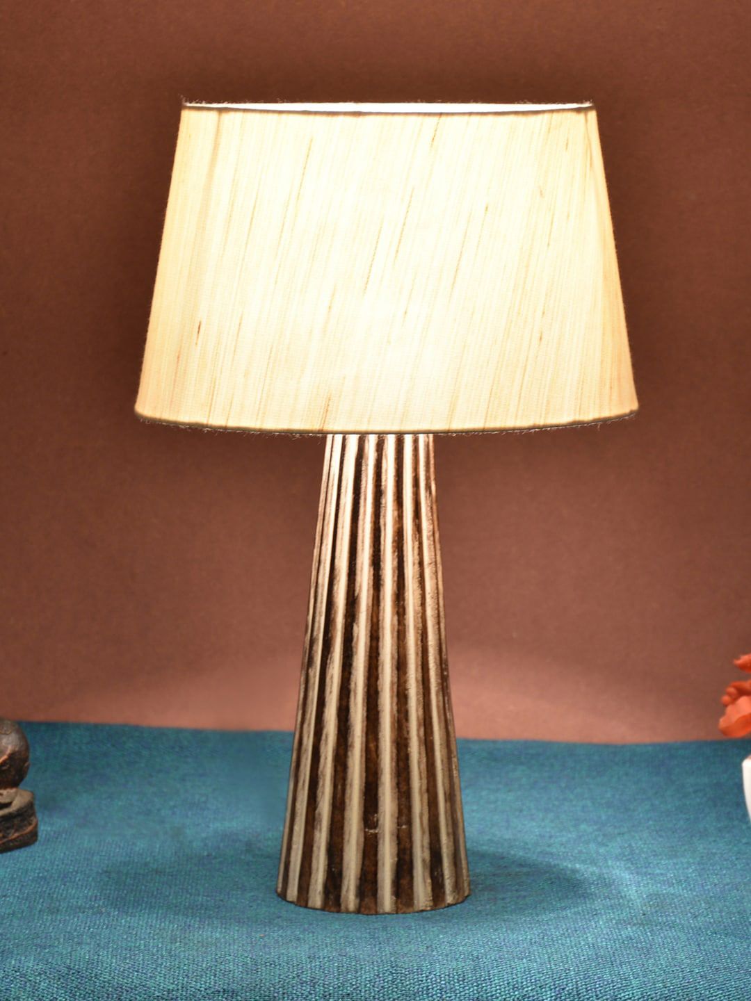 Foziq Brown & White Printed Wooden Table Lamps Price in India