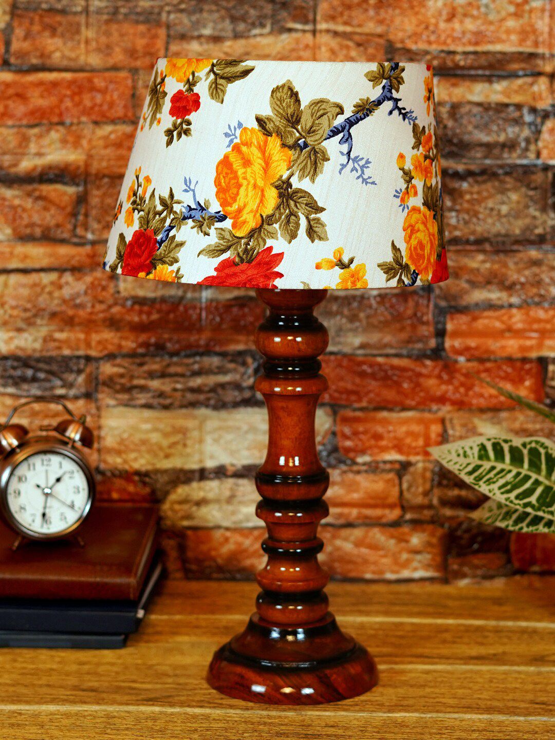 Foziq Brown & White Printed Frustum Shaped Table Lamp Price in India