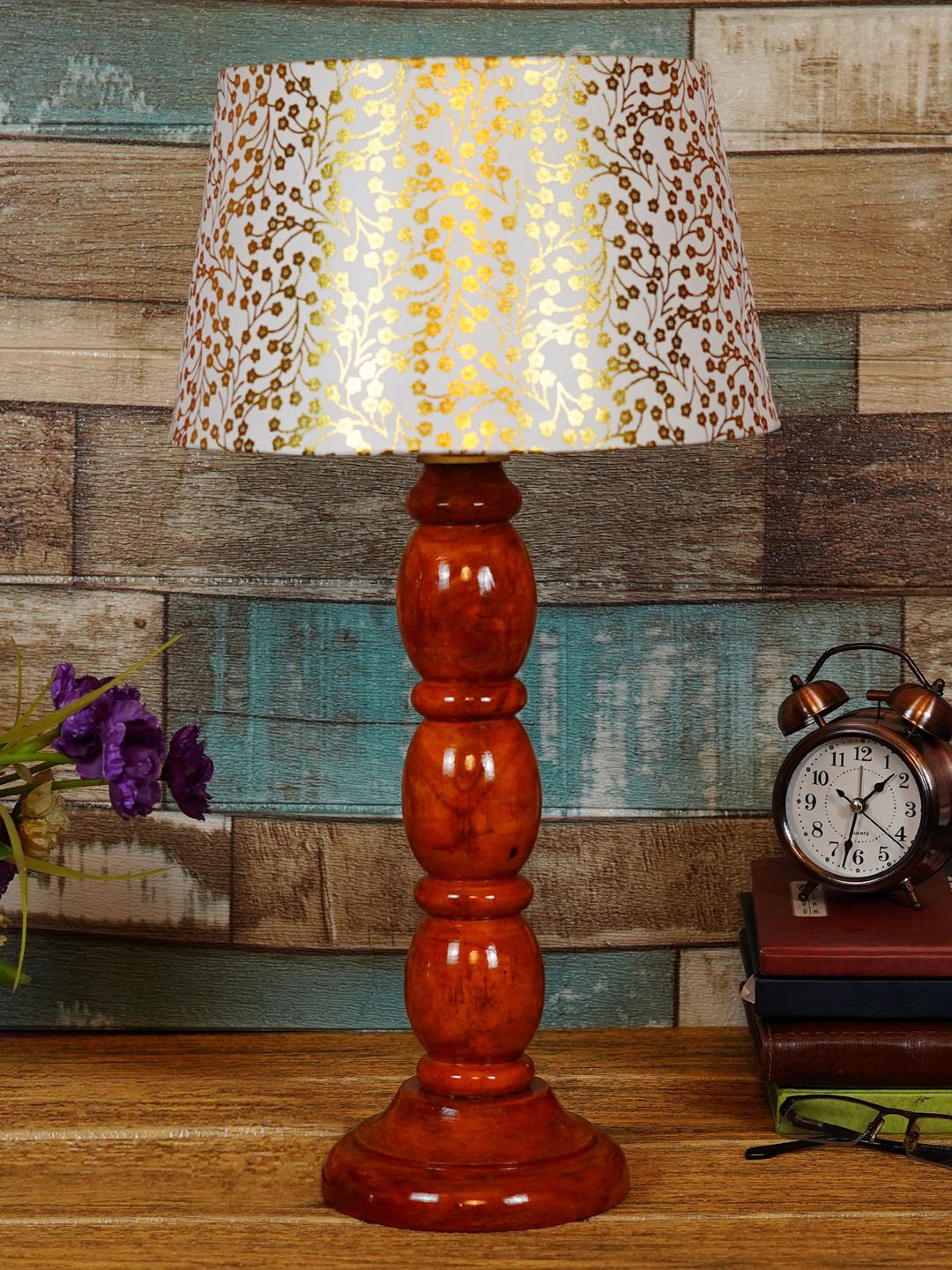 Foziq Brown & White Printed Frustum Shaped Table Lamp Price in India