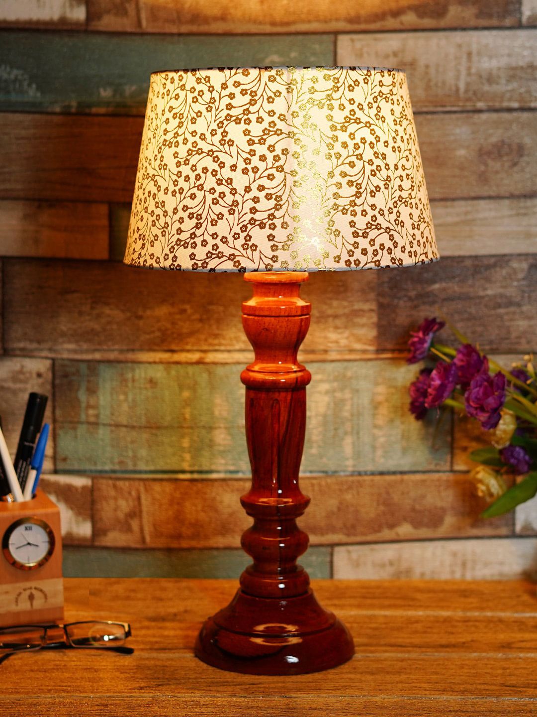 Foziq Brown Printed Table Lamp Price in India