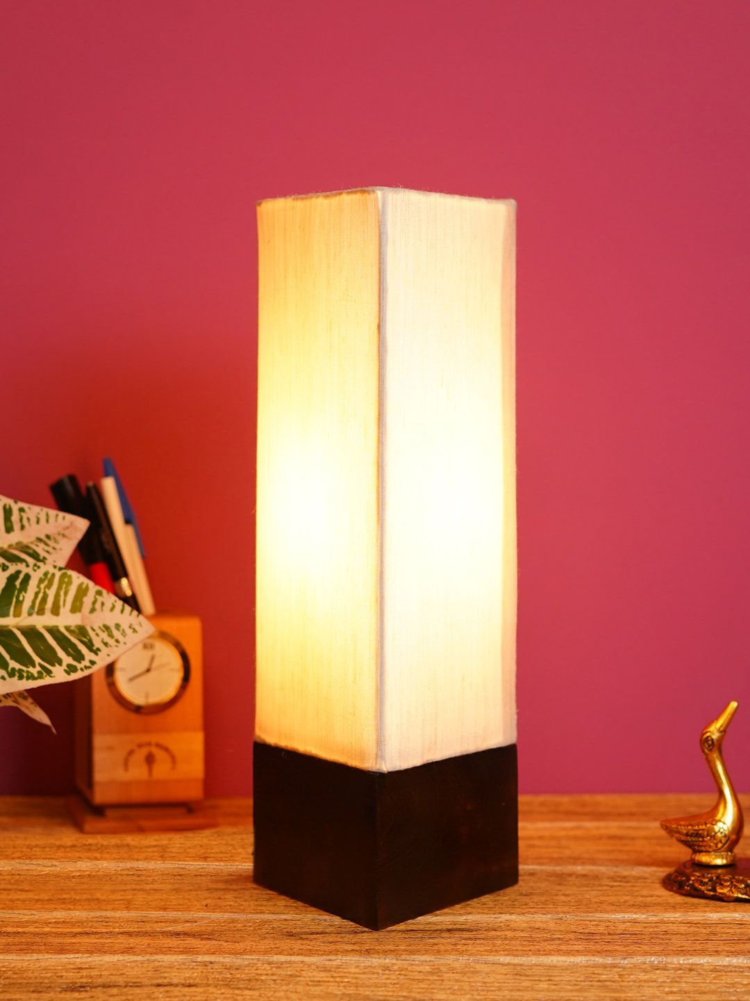 Foziq Brown Solid Rectangular Wooden Table Lamps Price in India