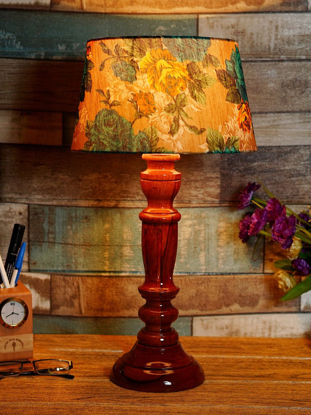 Foziq Brown Printed Wooden Table Lamps Price in India