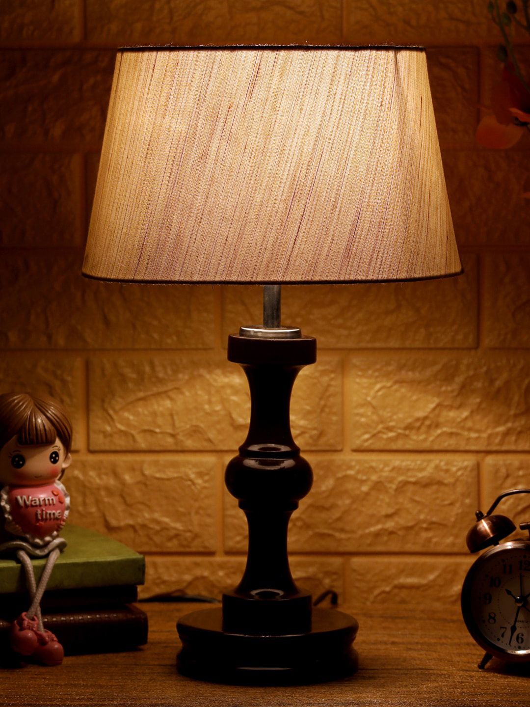 Foziq Brown & White Textured Frustum Shaped Table Lamp Price in India