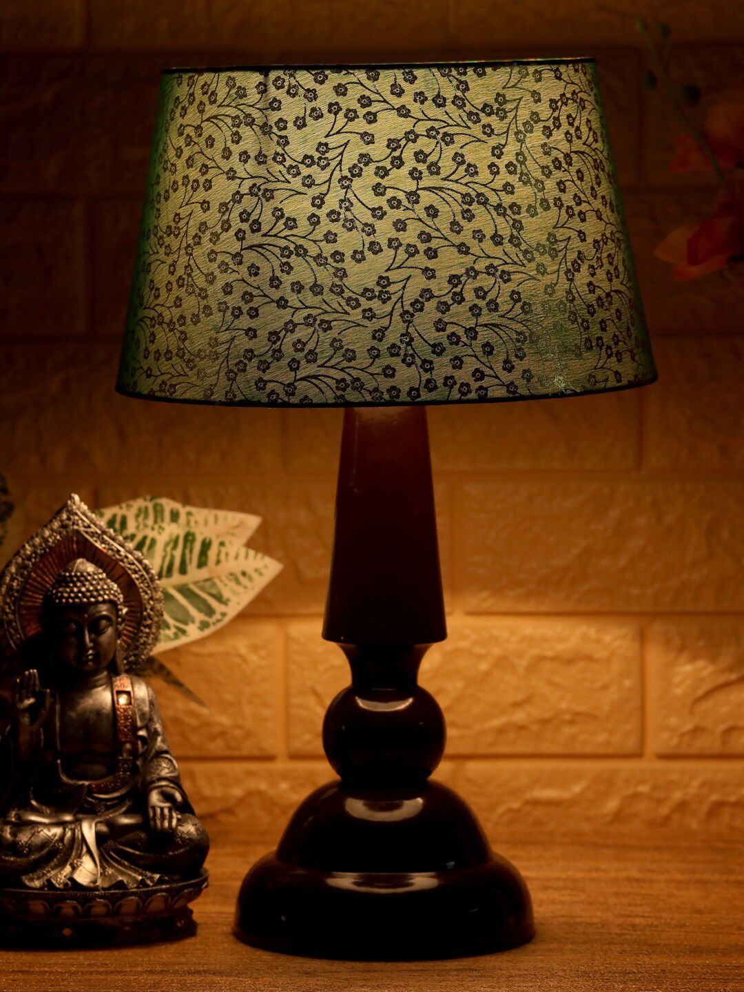 Foziq Brown & Green Printed Wood Table Lamp Price in India