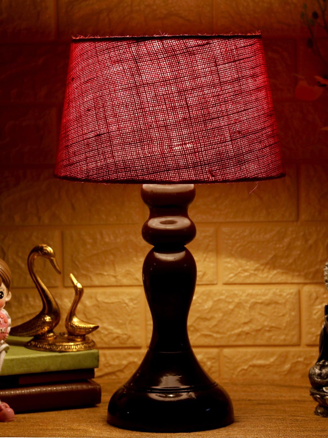 Foziq Brown & Red Textured Frustum Shaped Table Lamp Price in India