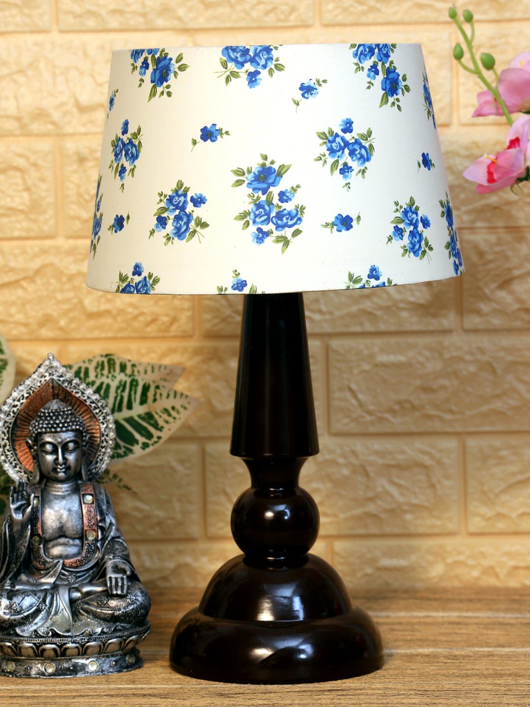 Foziq White Blue & Brown Printed Wooden Table Lamp Price in India