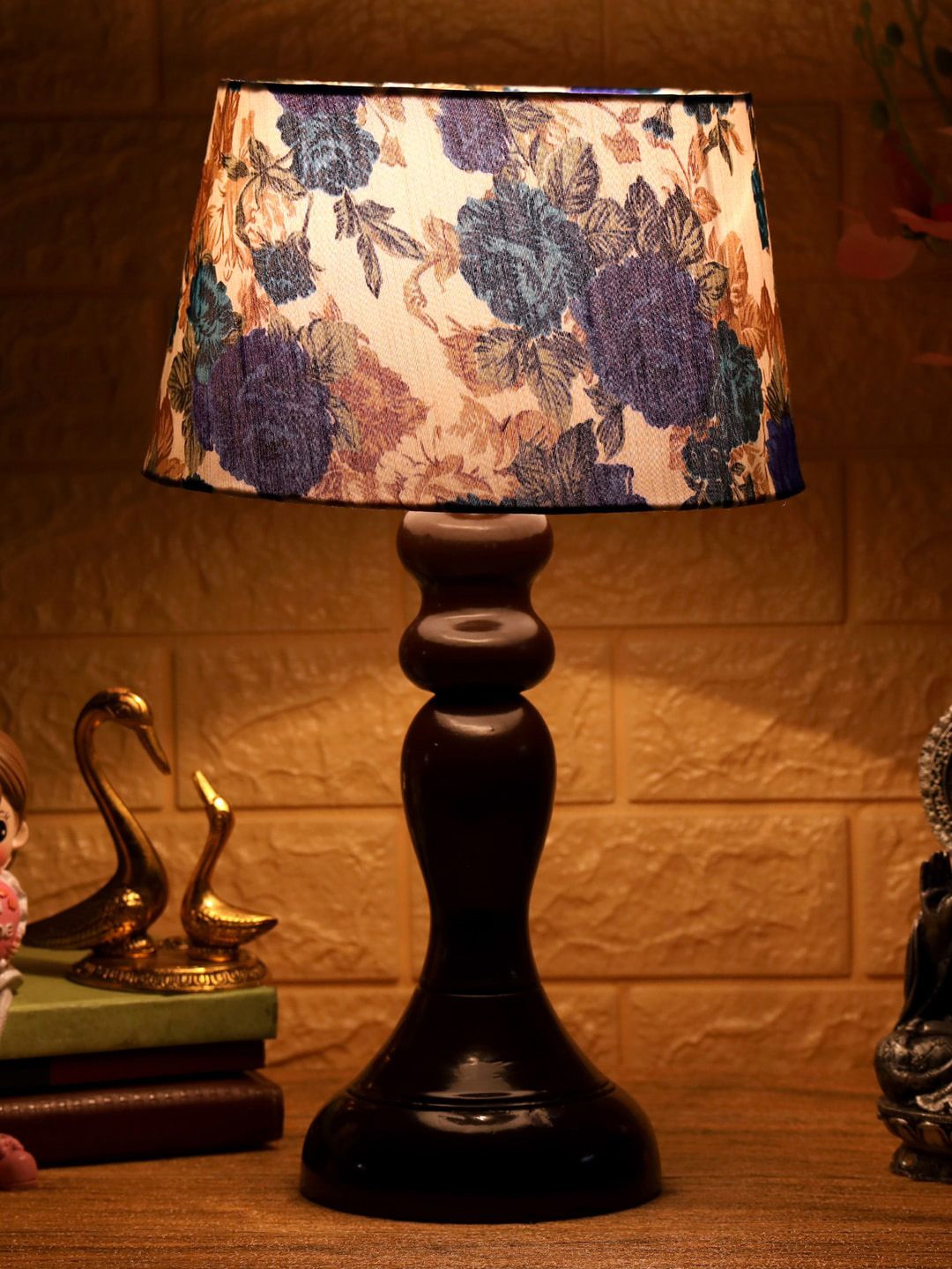 Foziq Brown & Blue Floral Printed Wooden Table Lamps Price in India