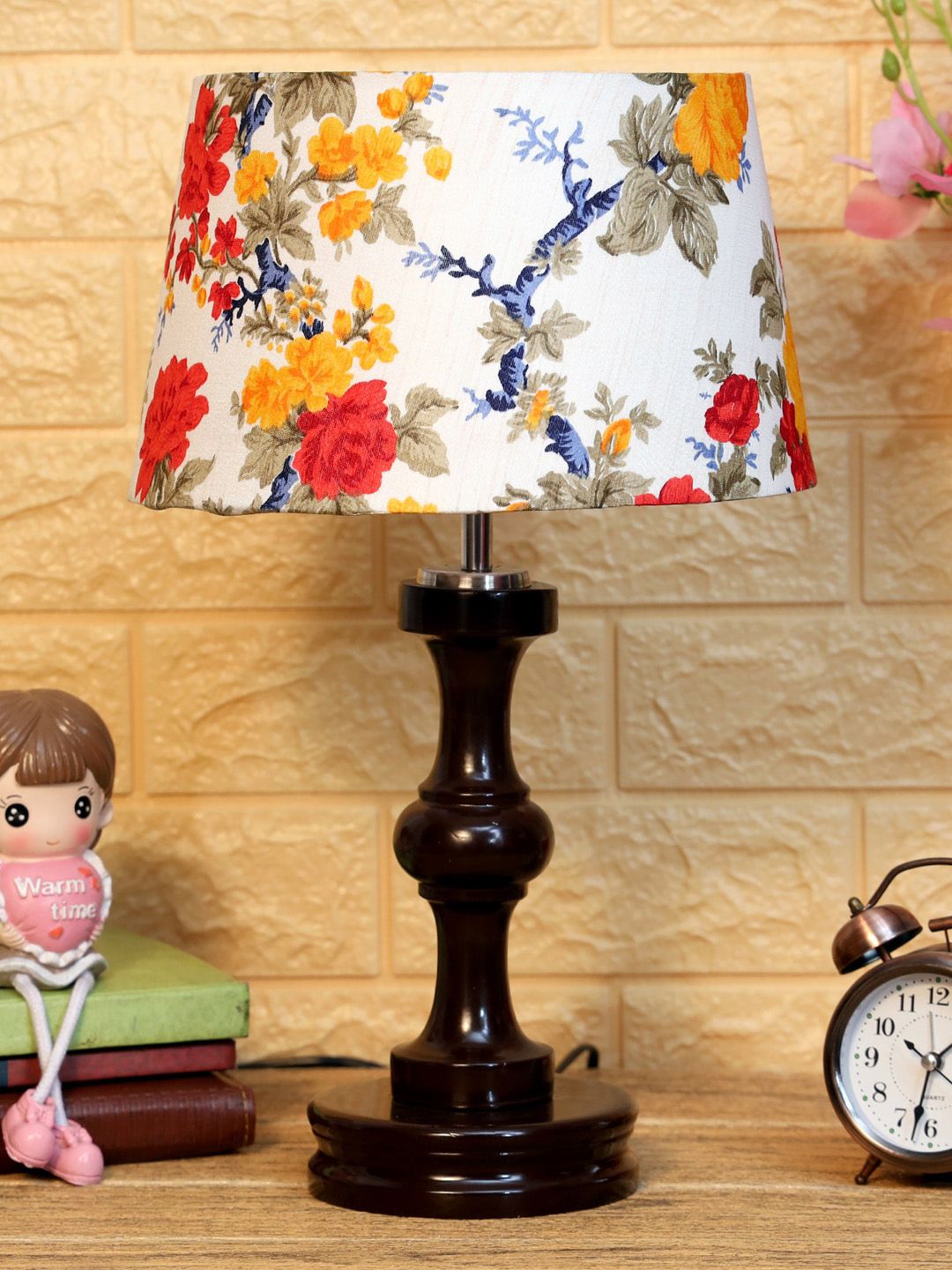 Foziq Brown & White Printed Frustum Shaped Table Lamp Price in India