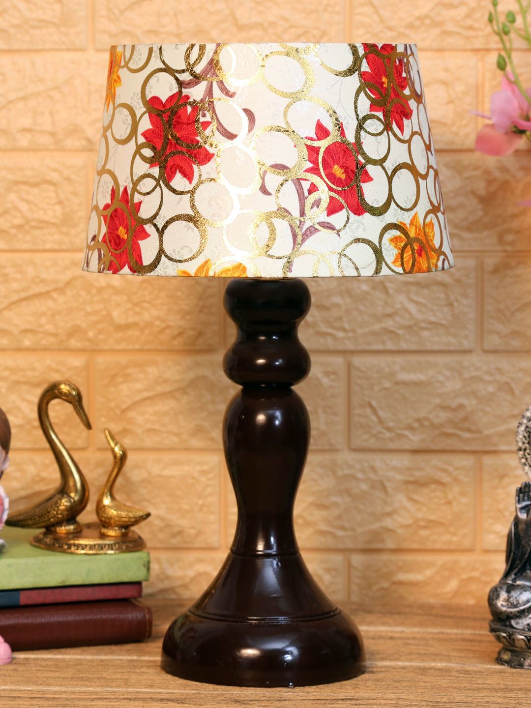 Foziq Brown & White Printed Wooden Table Lamps Price in India