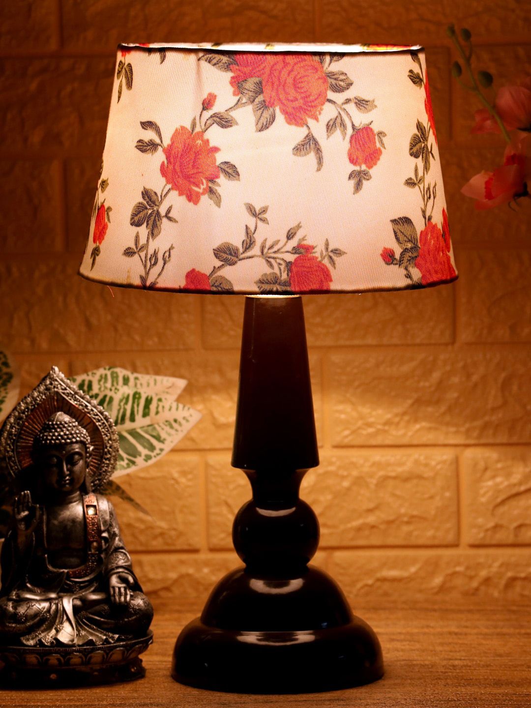 Foziq Brown & White Printed Frustum Shaped Table Lamp Price in India