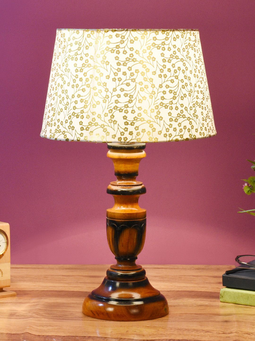 Foziq Brown & White Printed Wooden Table Lamps Price in India