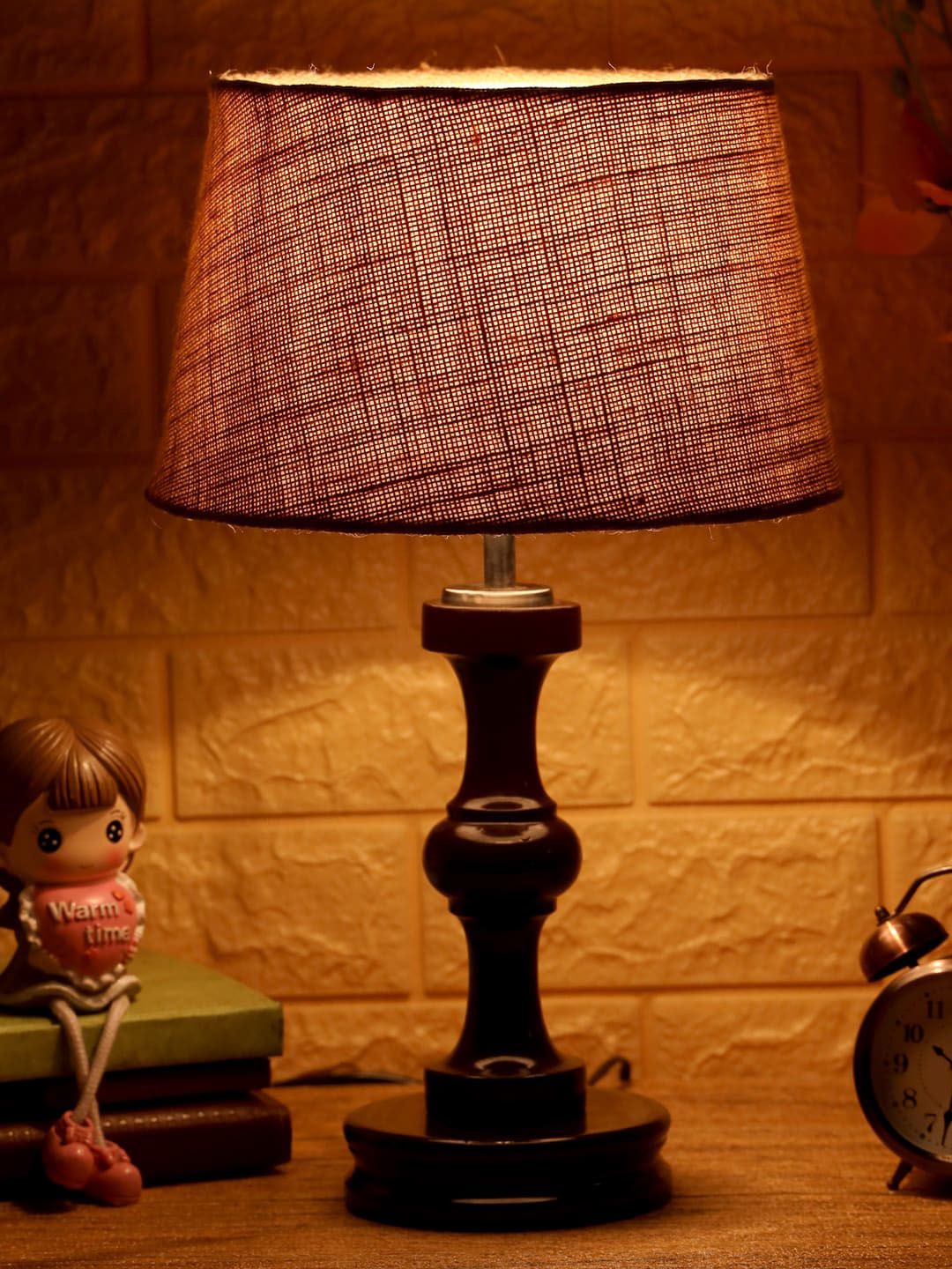 Foziq Brown Textured Wooden Table Lamps Price in India