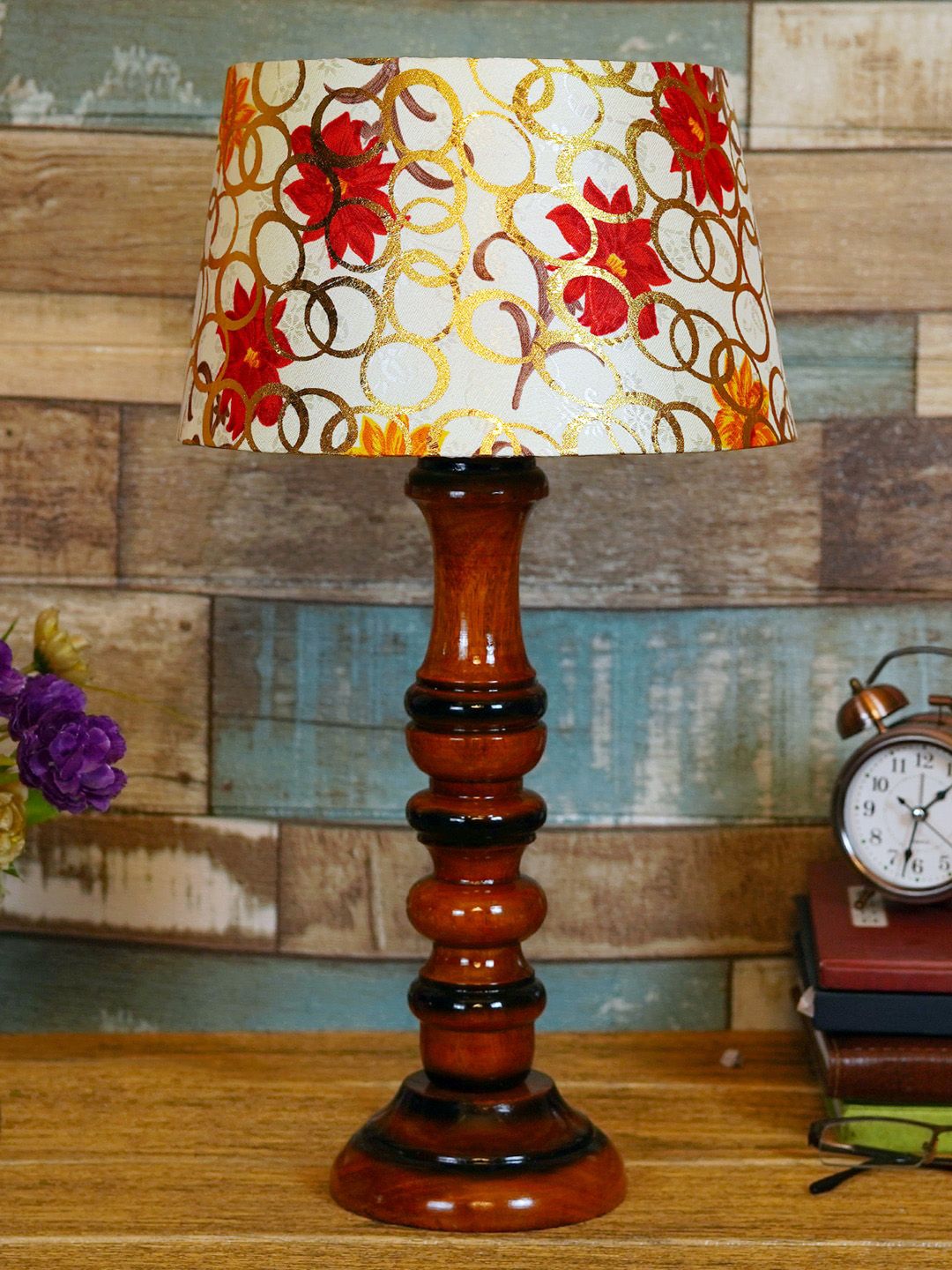 Foziq Brown & White Printed Wooden Table Lamps Price in India