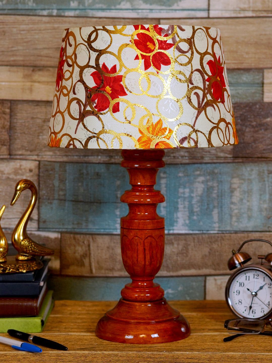 Foziq Brown & White Printed Wood Table Lamp Price in India