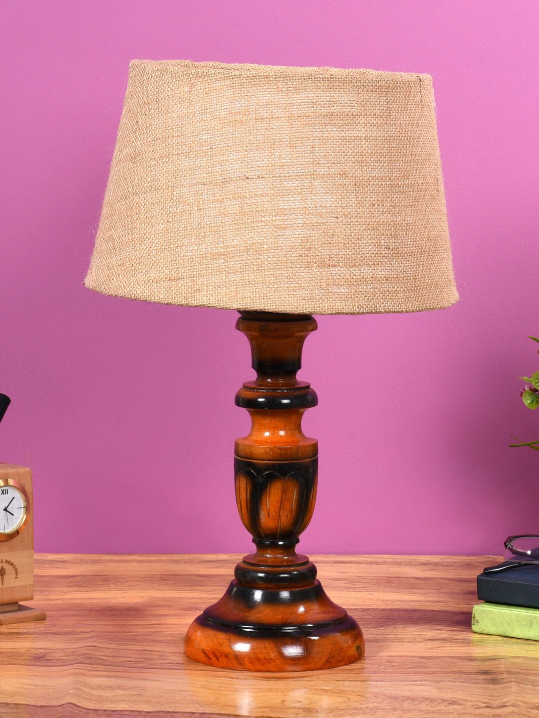 Foziq Brown & Beige Textured Frustum Shaped Table Lamp Price in India