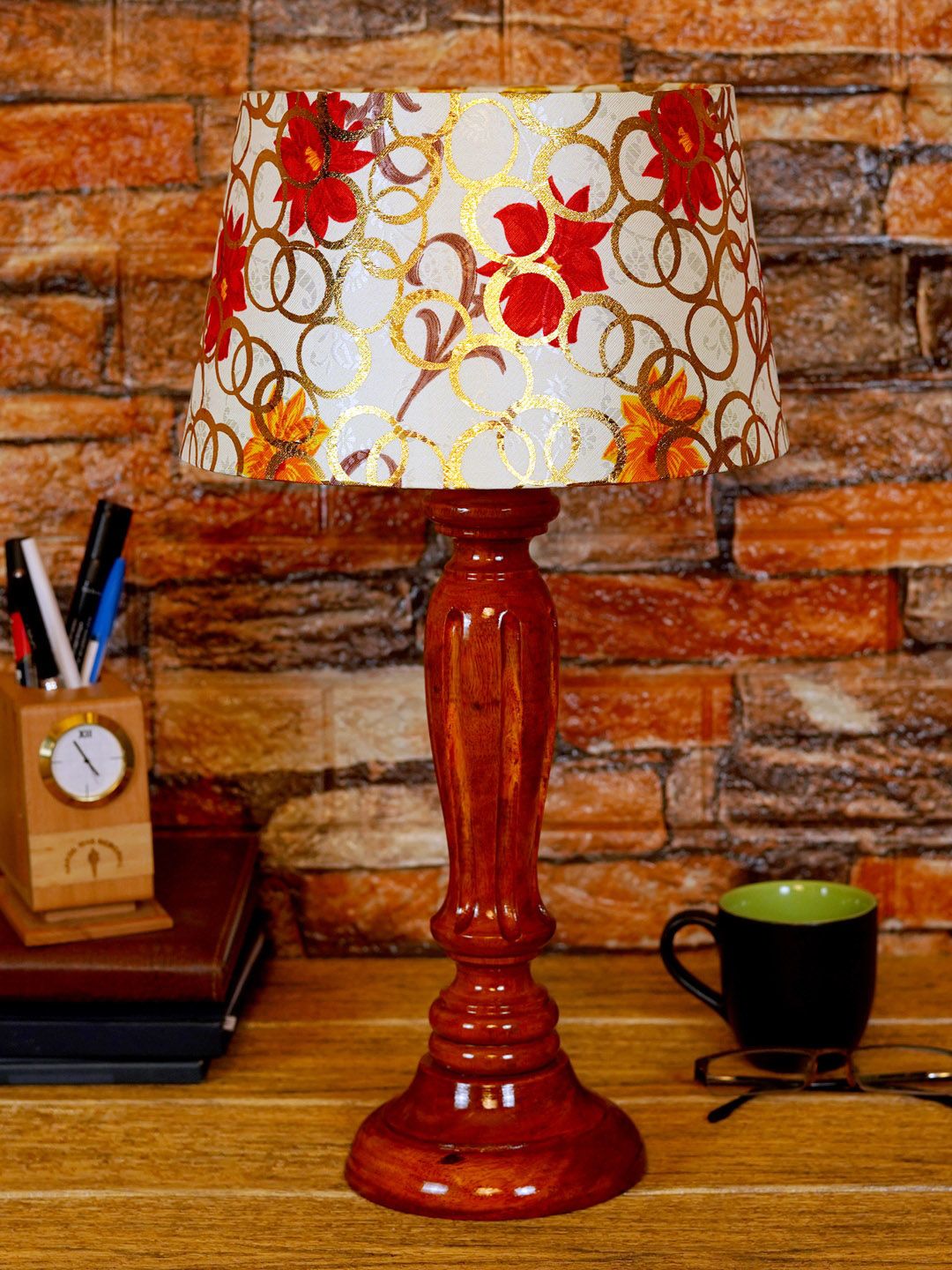 Foziq Brown Printed Wooden Table Lamps Price in India