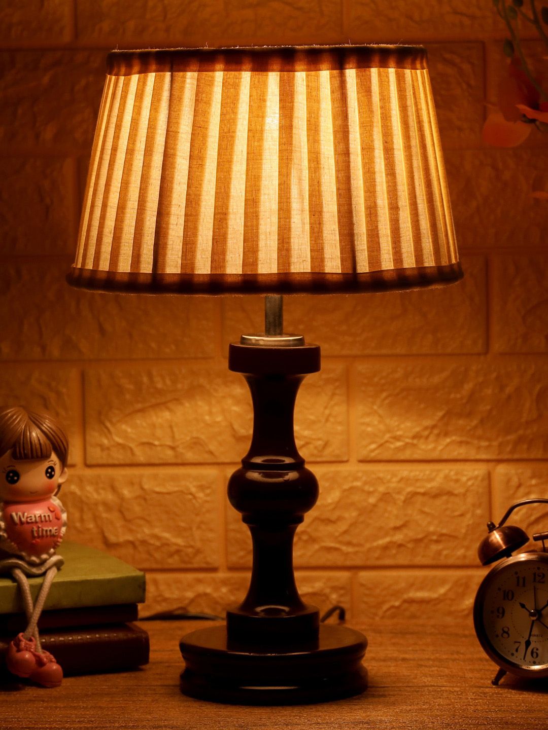 Foziq Brown & White Textured Wood Table Lamp Price in India