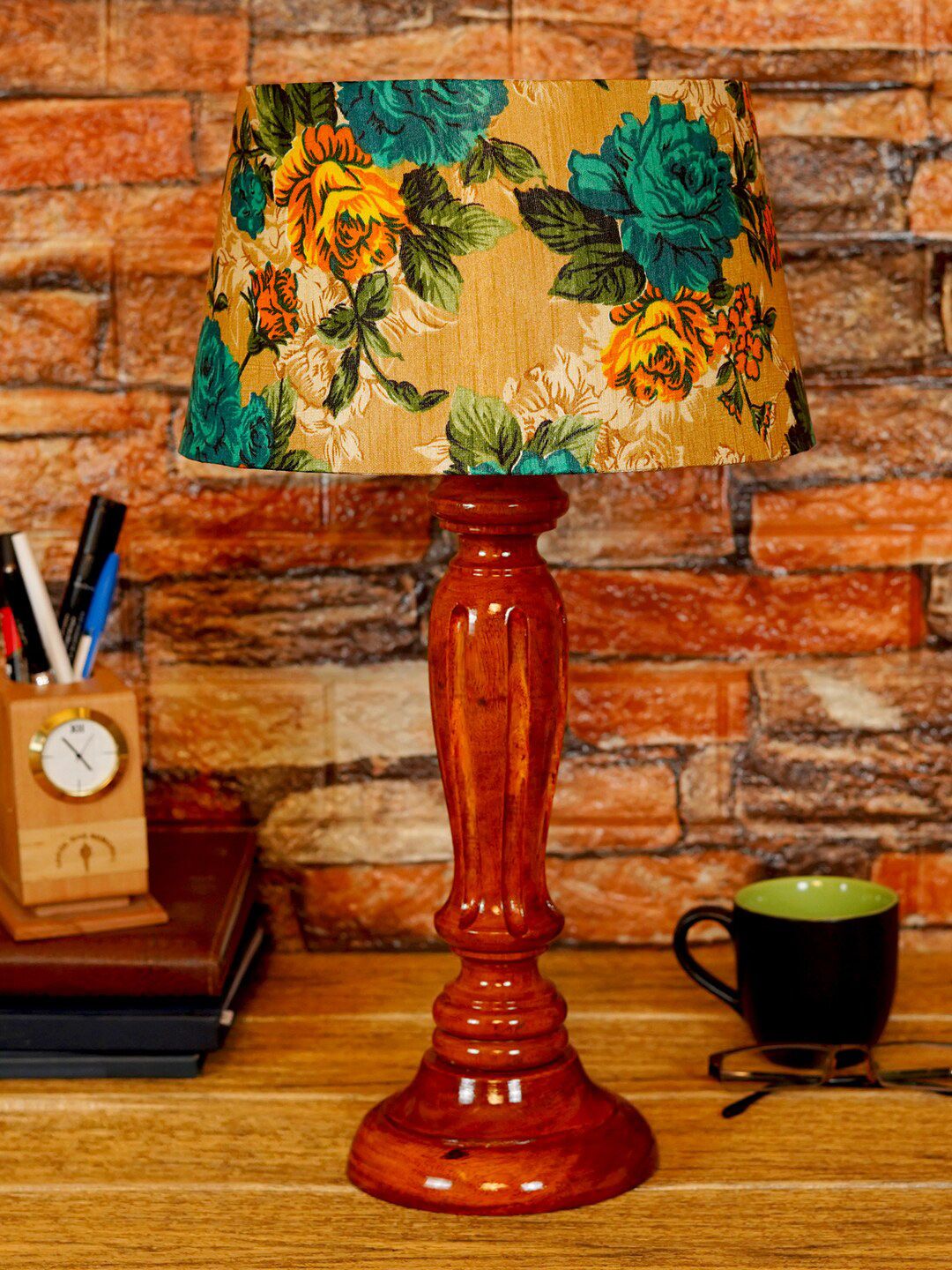 Foziq Brown & Yellow Floral Printed Wooden Table Lamps Price in India