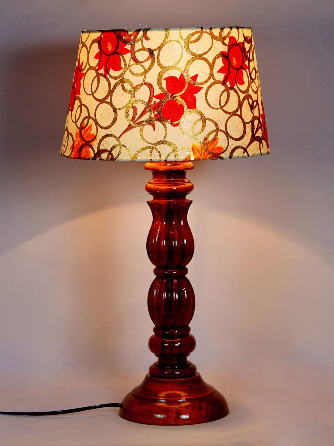 Foziq Gold-Coloured & Brown Printed Wooden Table Lamp Price in India