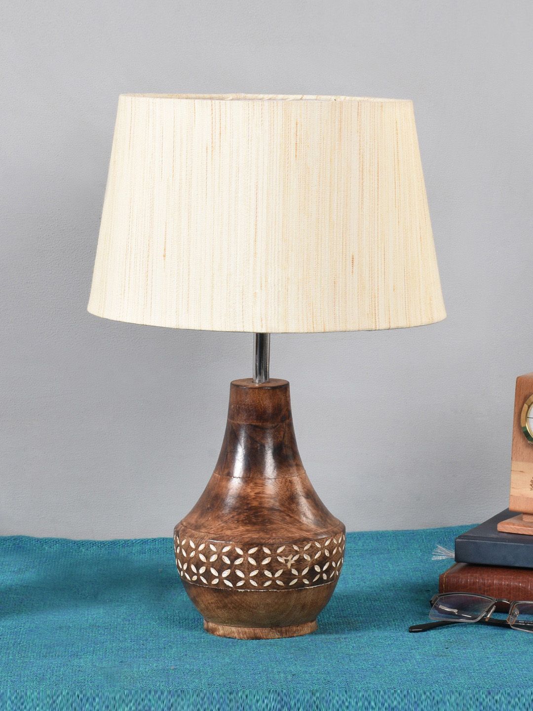 Foziq Brown & White Solid Wooden Table Lamps Price in India