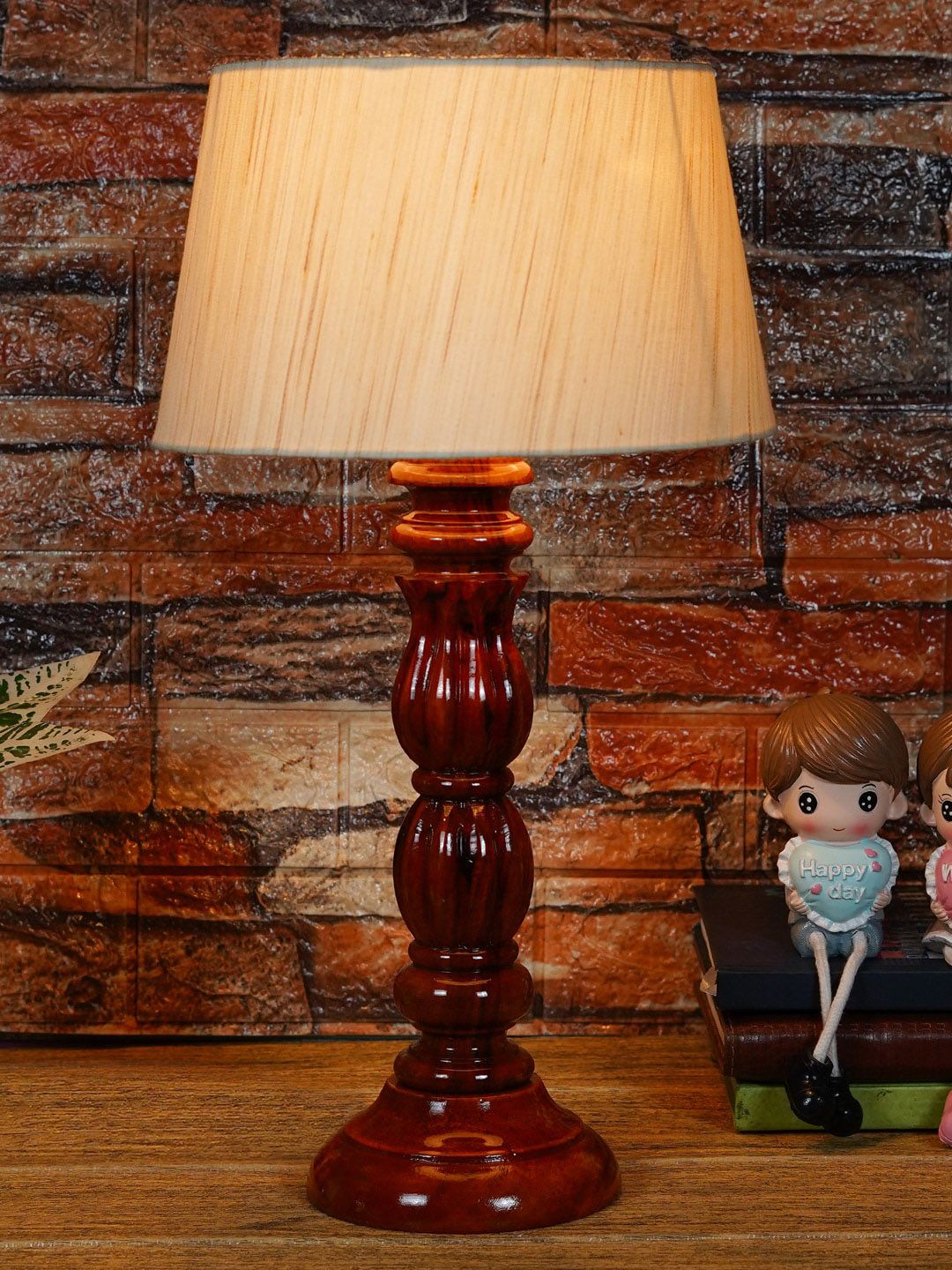 Foziq Brown & Beige Textured Wood Table Lamp Price in India