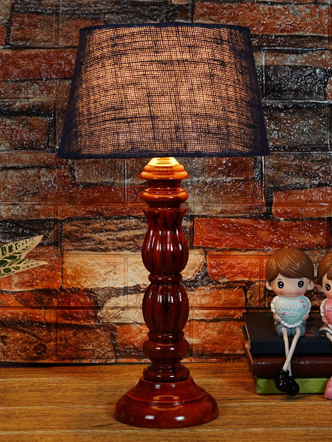 Foziq Brown & Blue Textured Frustum Shaped Table Lamp Price in India