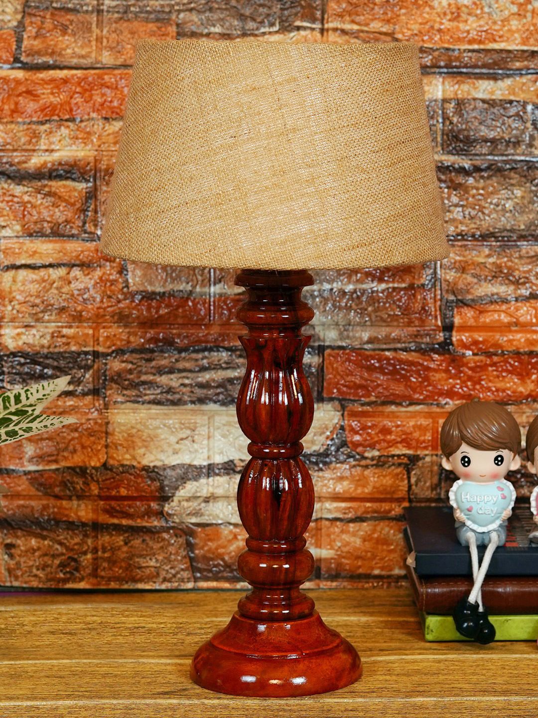 Foziq Brown Textured Wooden Table Lamps Price in India