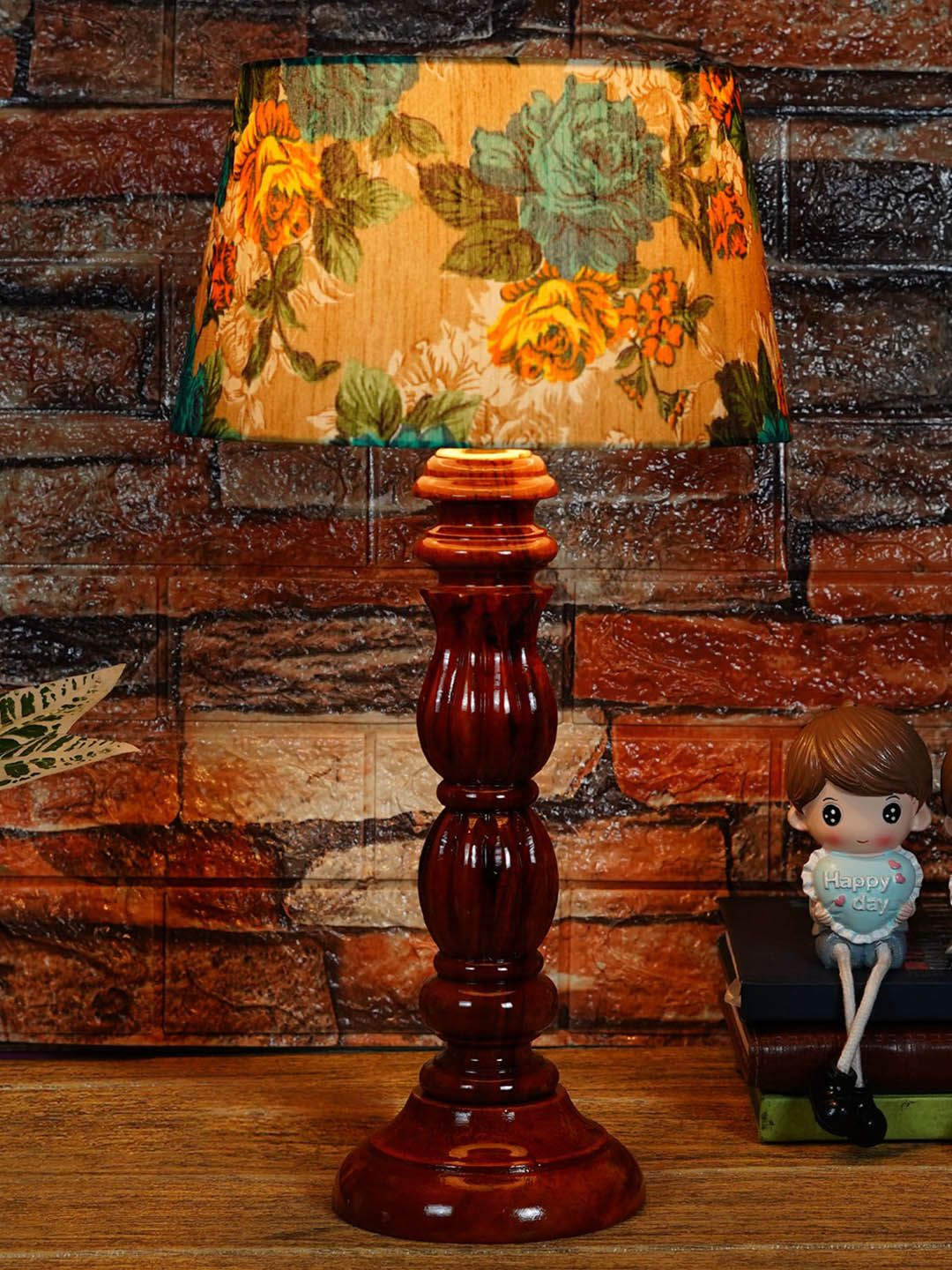 Foziq Brown & Beige Printed Wood Table Lamp Price in India