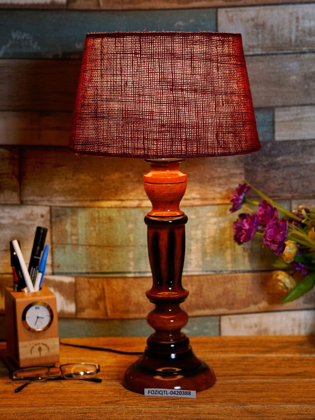 Foziq Brown Textured Table Lamp Price in India