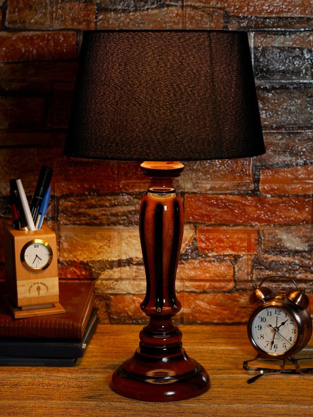 Foziq Brown & Black Solid Wooden Table Lamps Price in India