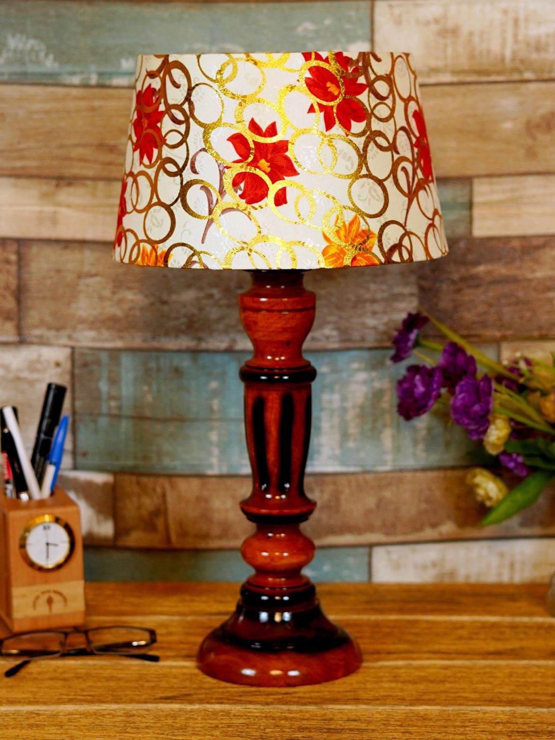 Foziq Brown & White Printed Wood Table Lamp Price in India