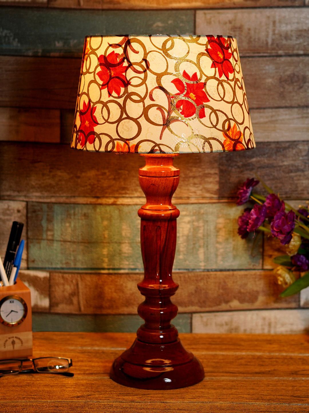 Foziq Brown Wood Printed Table Lamp Price in India