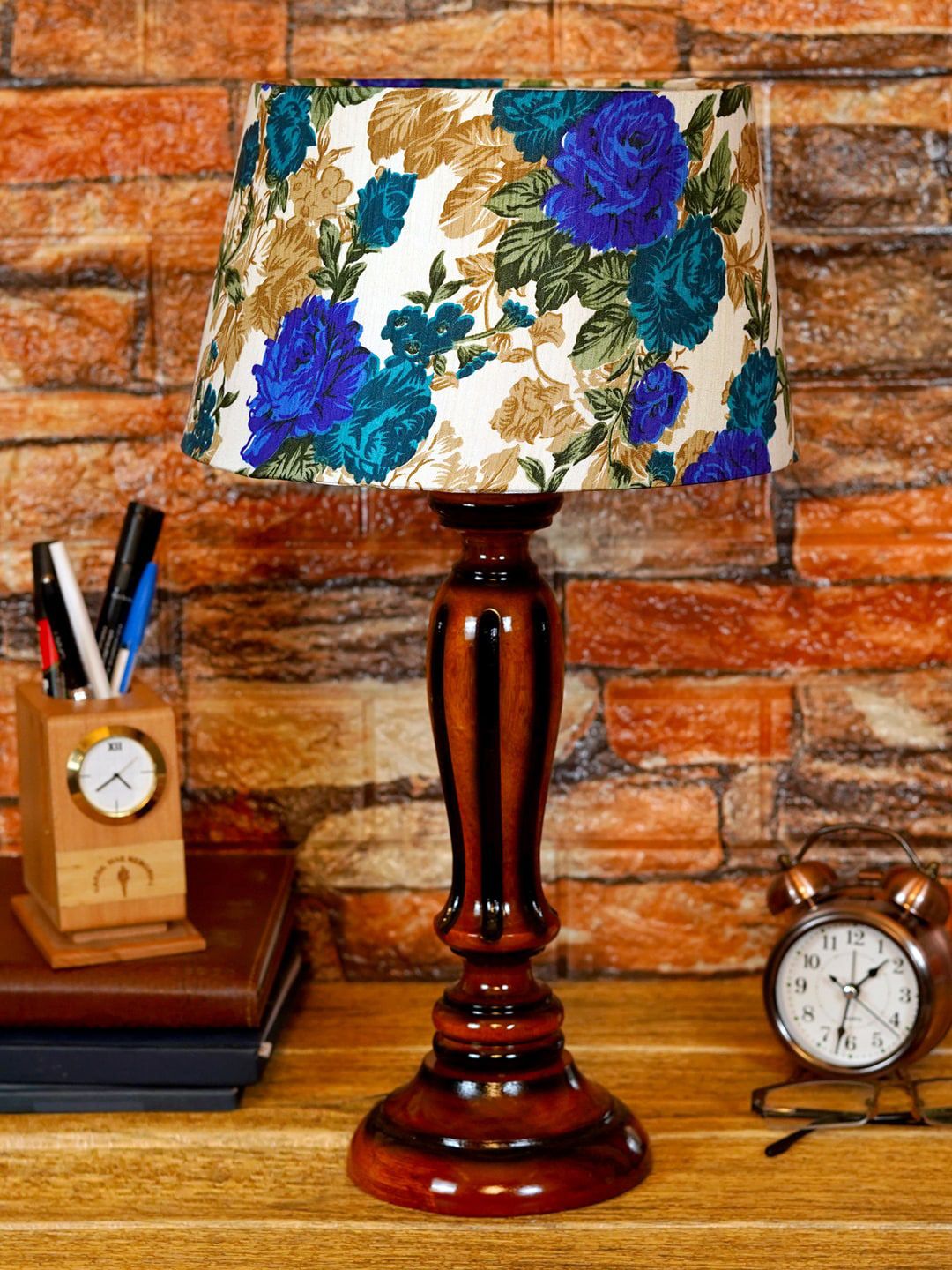 Foziq Brown & White Floral Printed Wooden Table Lamps Price in India