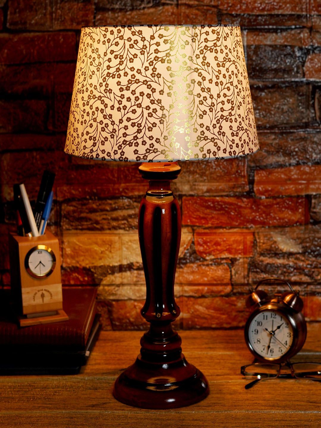 Foziq Brown Printed Wooden Table Lamps Price in India