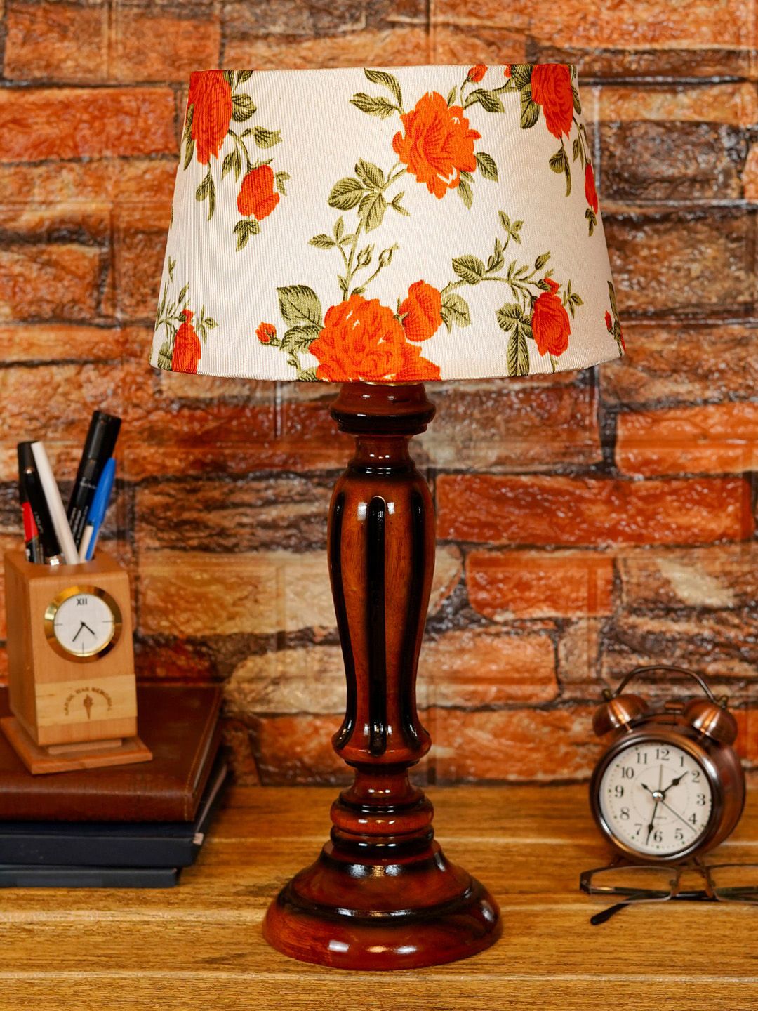 Foziq Brown & White Floral Printed Wooden Table Lamps Price in India