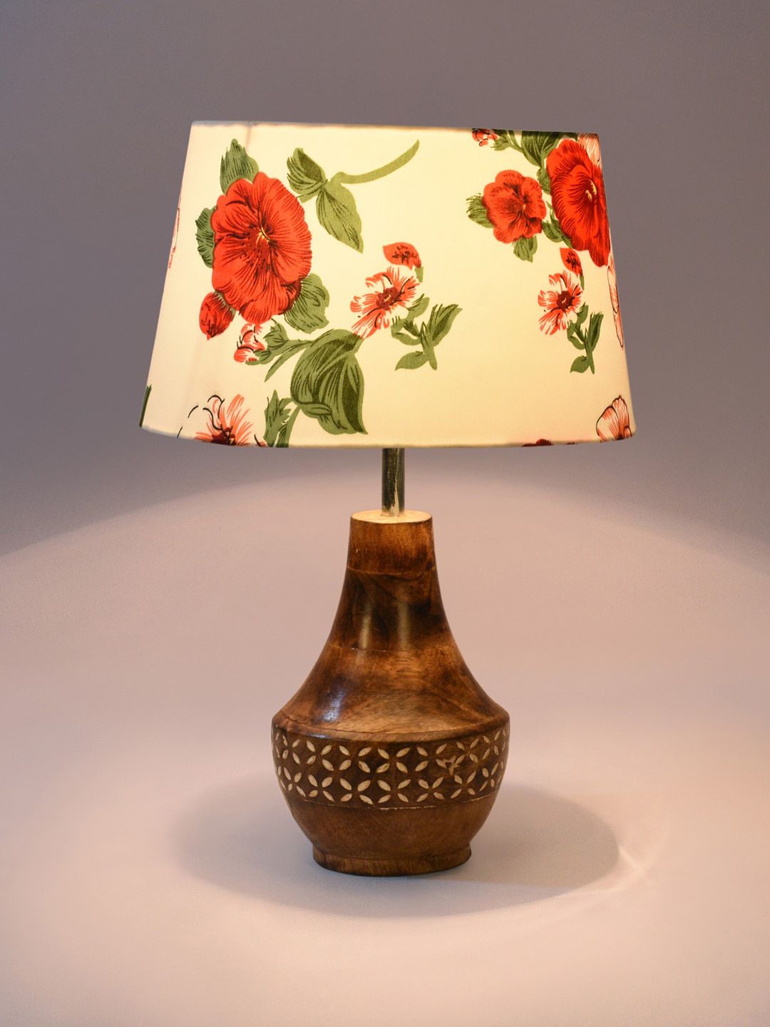 Foziq Brown & White Floral Printed Wooden Table Lamps Price in India