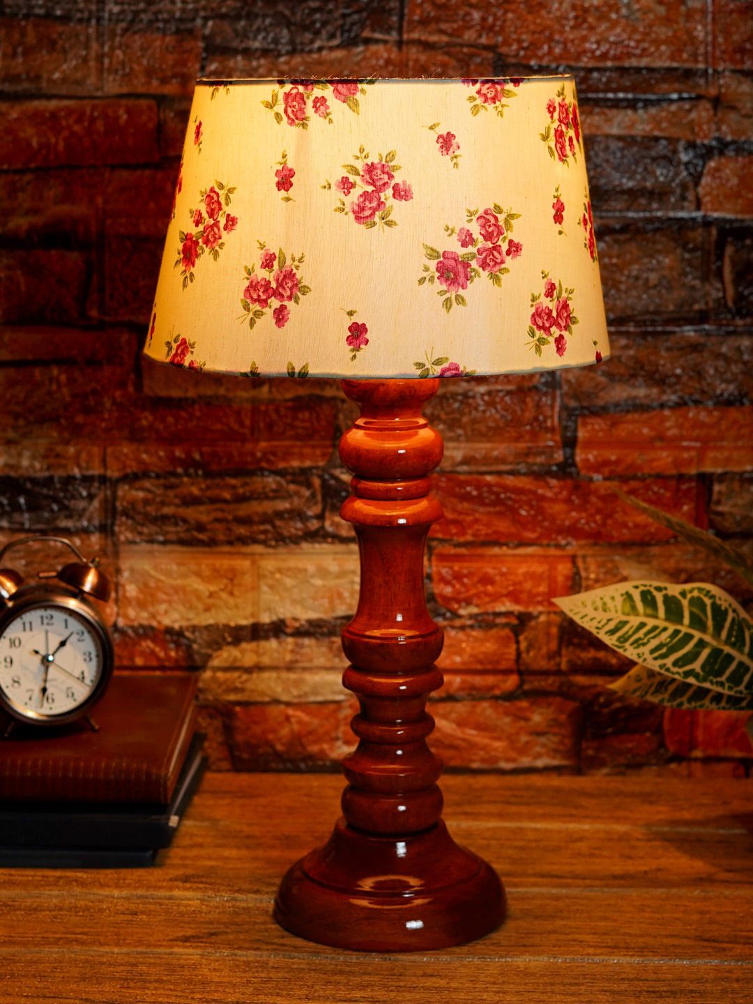 Foziq Brown Wooden Table Lamps With Printed Shade Price in India
