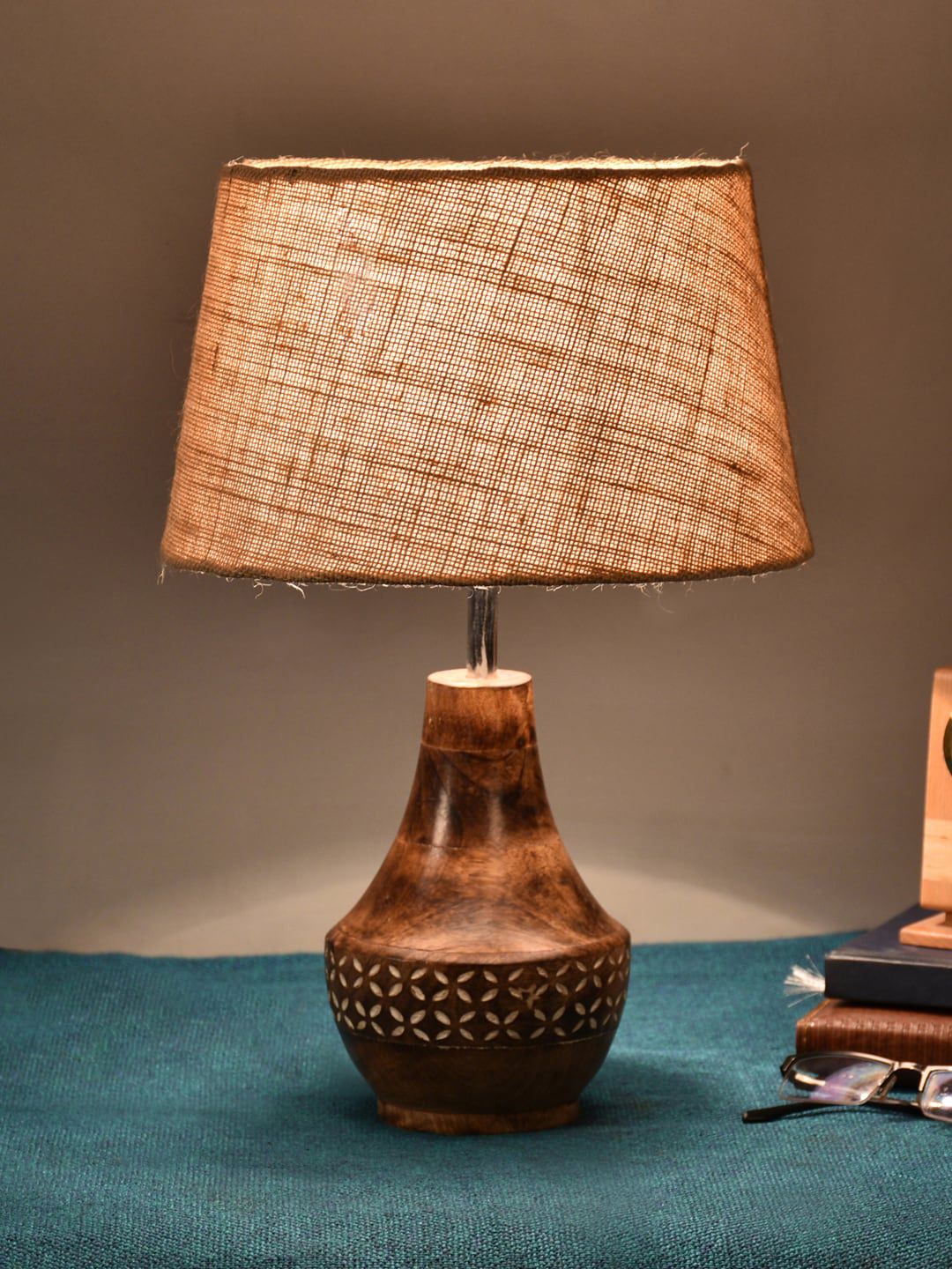 Foziq Brown & Beige Textured Wood Table Lamp Price in India
