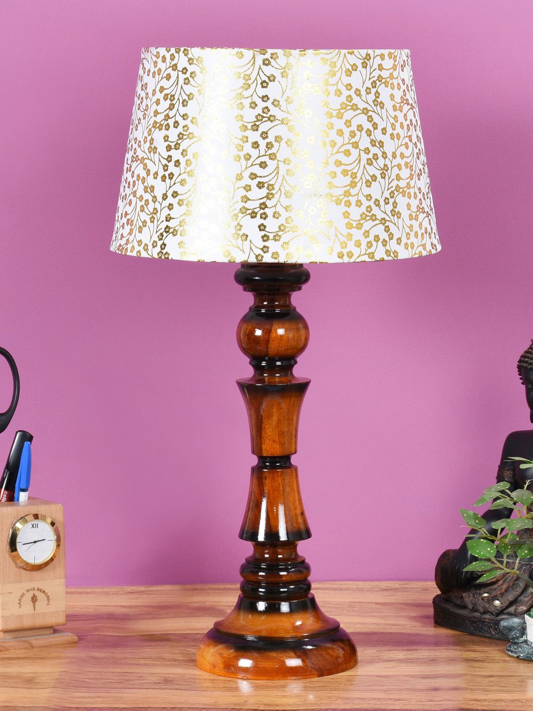 Foziq Brown Printed Wood Table Lamp Price in India