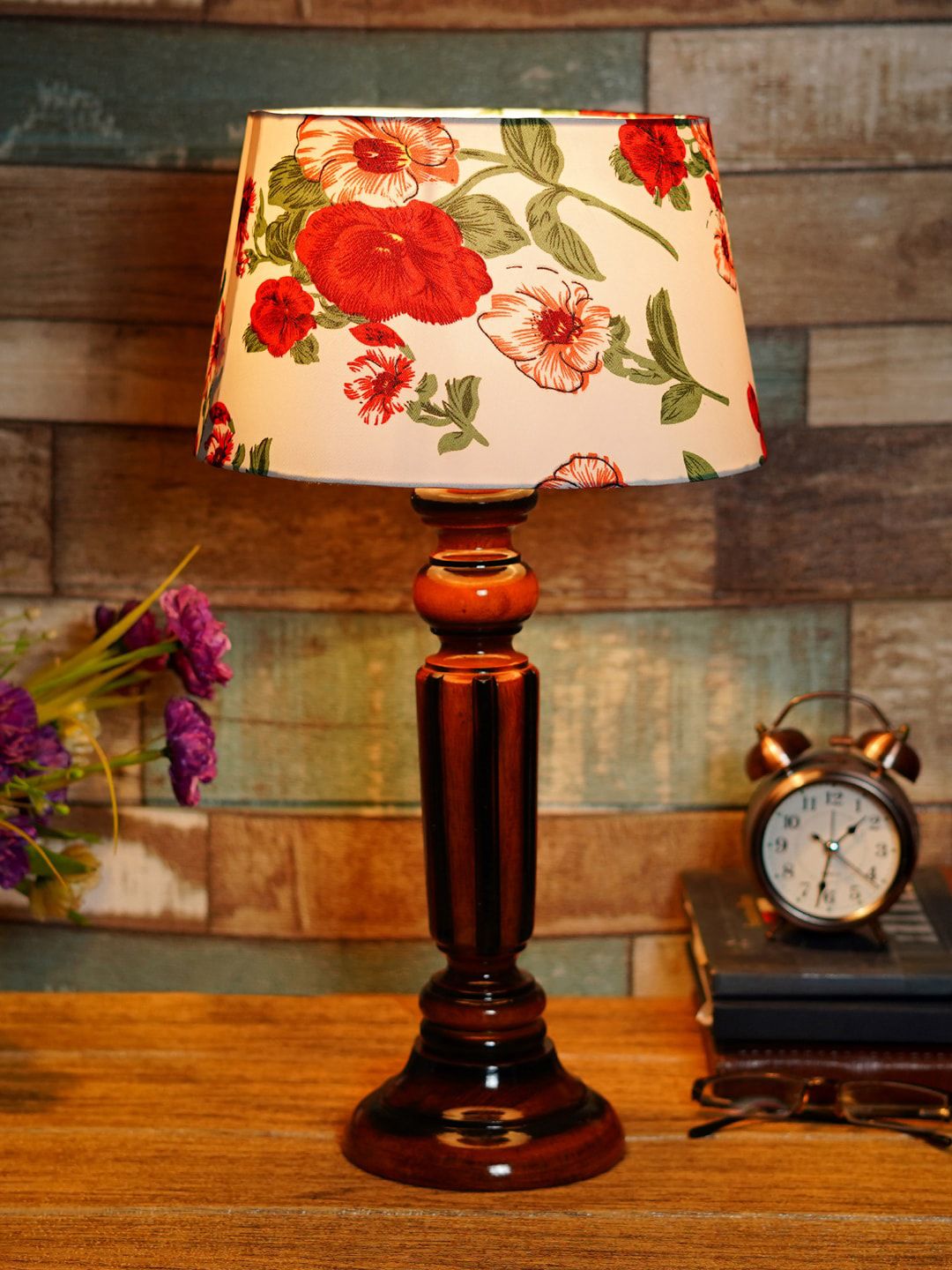 Foziq Brown Floral Printed Wooden Table Lamps Price in India