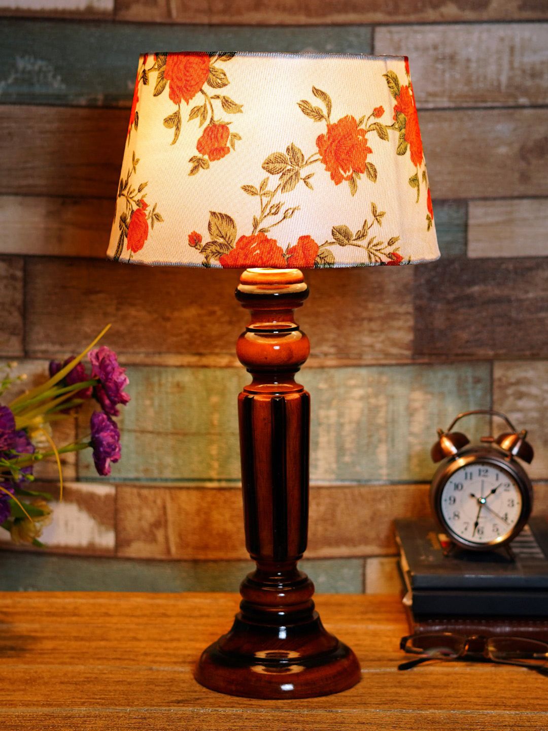 Foziq Brown & Cream Printed Table Lamp Price in India