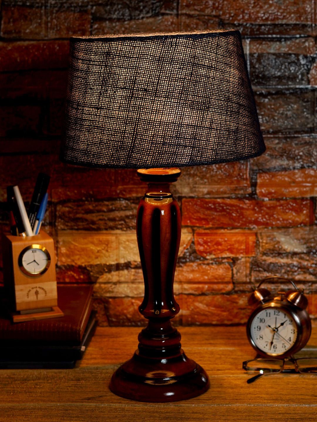 Foziq Brown & Grey Solid Wooden Table Lamps Price in India